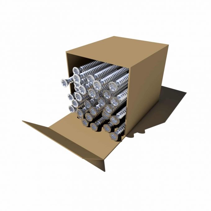 Boîte ouverte remplie de vis pour terrasse en bois, fixation pour platelage