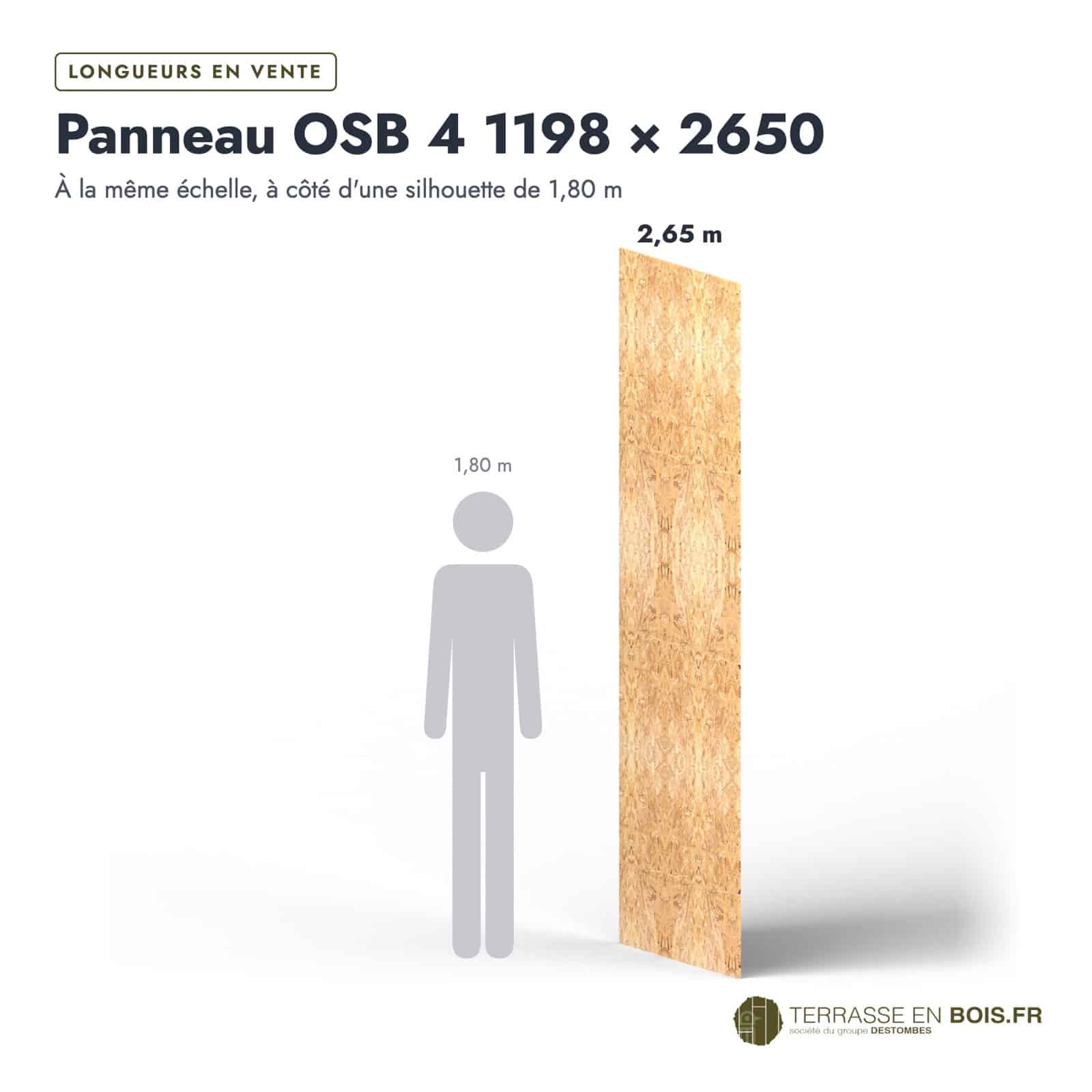 Panneau OSB 4 2650x12 à bords droits, 1198 x 2650 mm, surface brute : longueurs à l’échelle