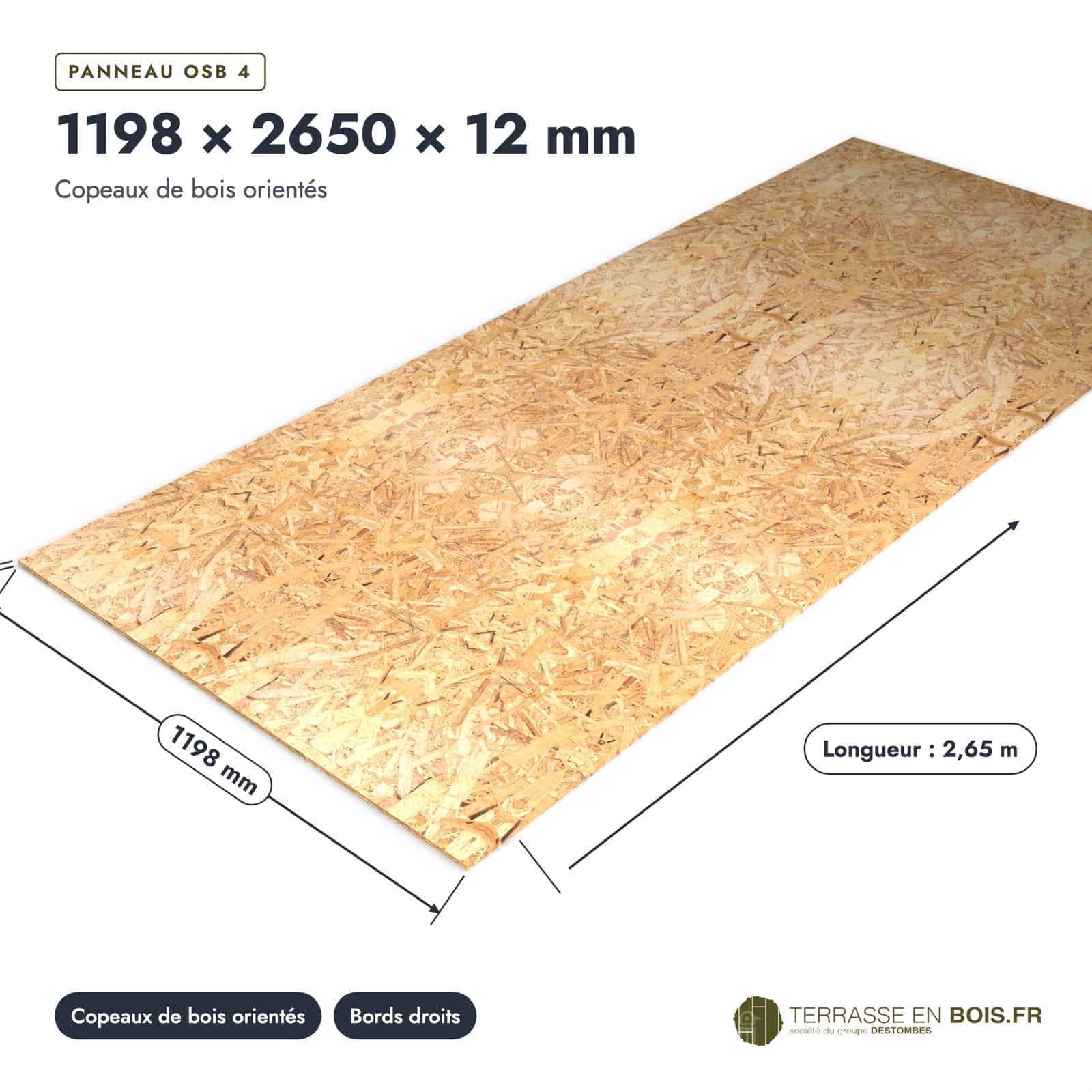 Panneau OSB 4 2650x12 à bords droits, 1198 x 2650 mm, surface brute : pièce cotée et longueurs