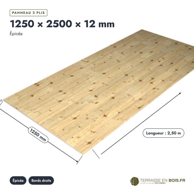 Panneau épicéa 1250x2500 en 3 plis, 12 mm, poncé, pour habiller un local : pièce cotée et longueurs