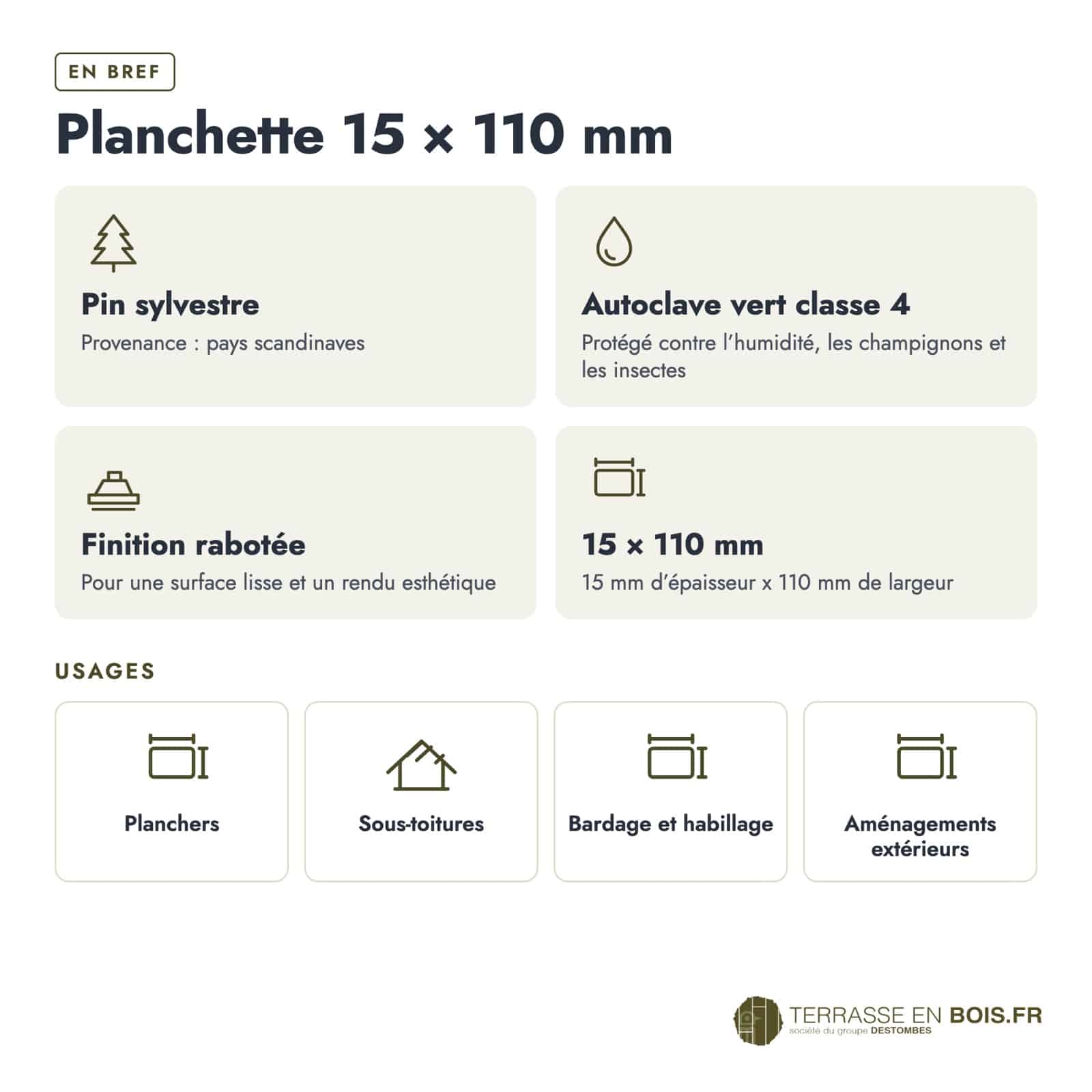Planchette emboîtable 15x110 en pin autoclave pour habillage et sous-face : caractéristiques