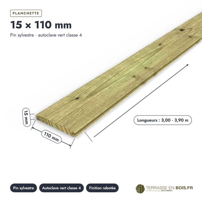 Planchette emboîtable 15x110 en pin autoclave pour habillage et sous-face : pièce cotée et longueurs