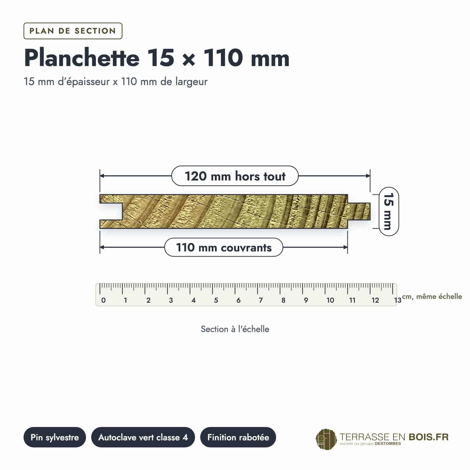 Plan de section coté, sur le vrai bois de bout