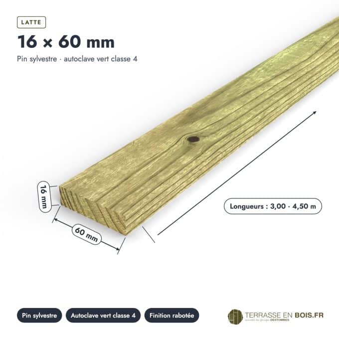 Latte bois 16x60 en pin sylvestre autoclave vert, fine et rabotée : pièce cotée et longueurs