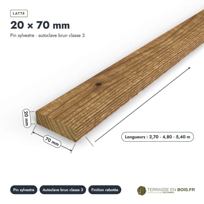 Latte bois 20x70 brune en pin autoclave, pour jardinière et coffre : pièce cotée et longueurs