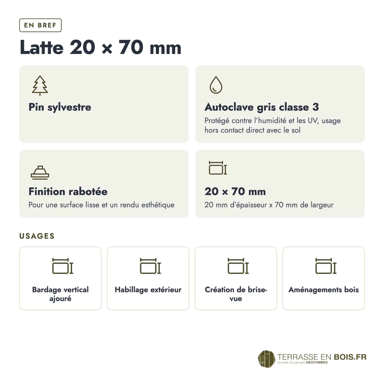Latte bois 20x70 grise en pin sylvestre autoclave, pour brise-vue : caractéristiques