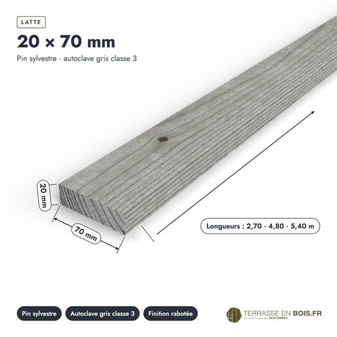 Latte bois 20x70 grise en pin sylvestre autoclave, pour brise-vue : pièce cotée et longueurs