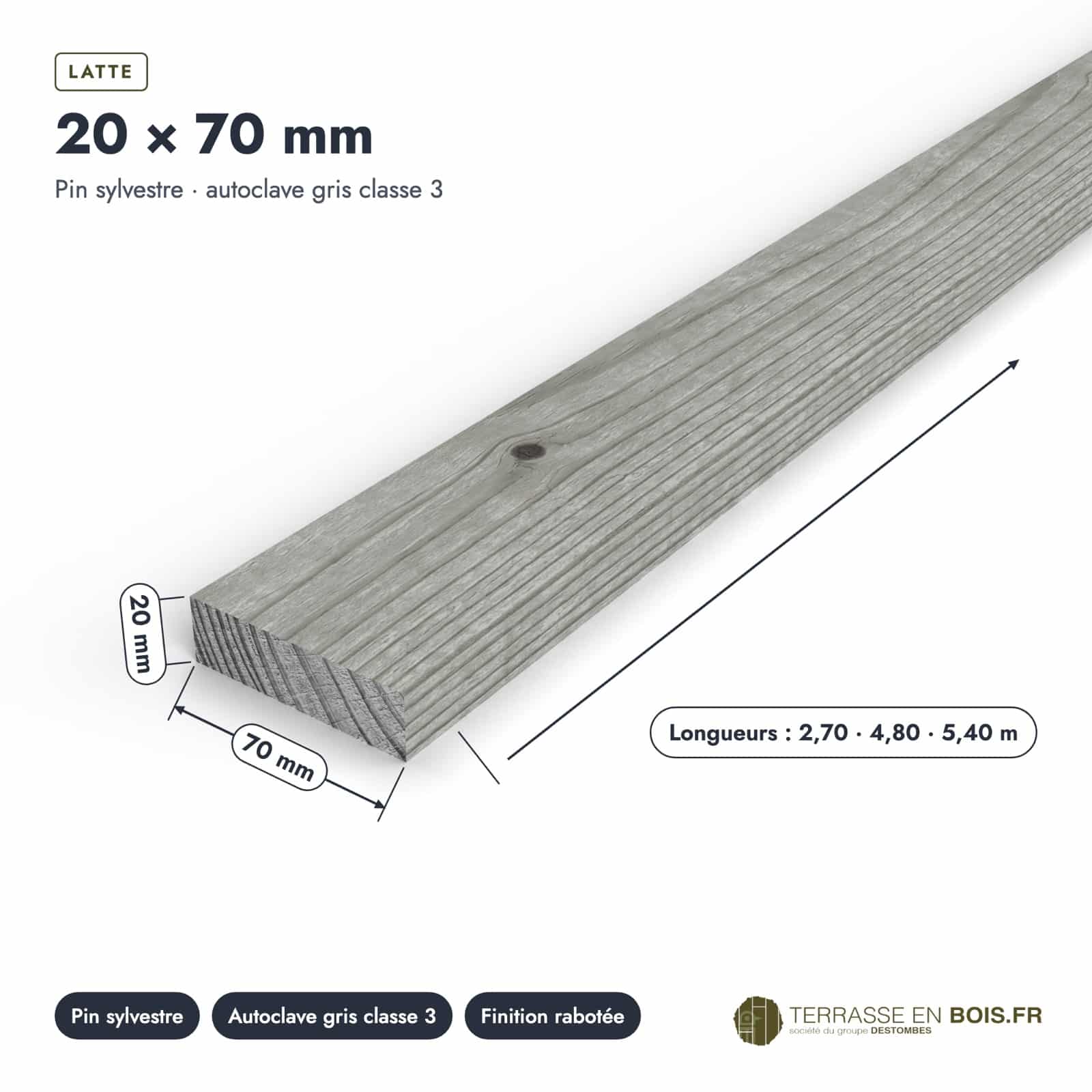 Latte bois 20x70 grise en pin sylvestre autoclave, pour brise-vue : pièce cotée et longueurs