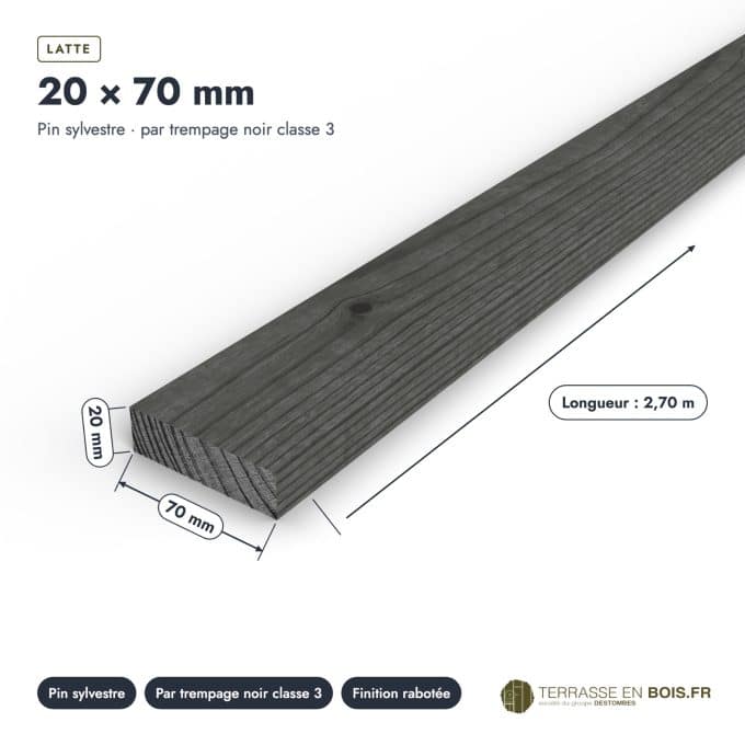 Latte bois 20x70 noire en pin traité par trempage, pour claustra : pièce cotée et longueurs