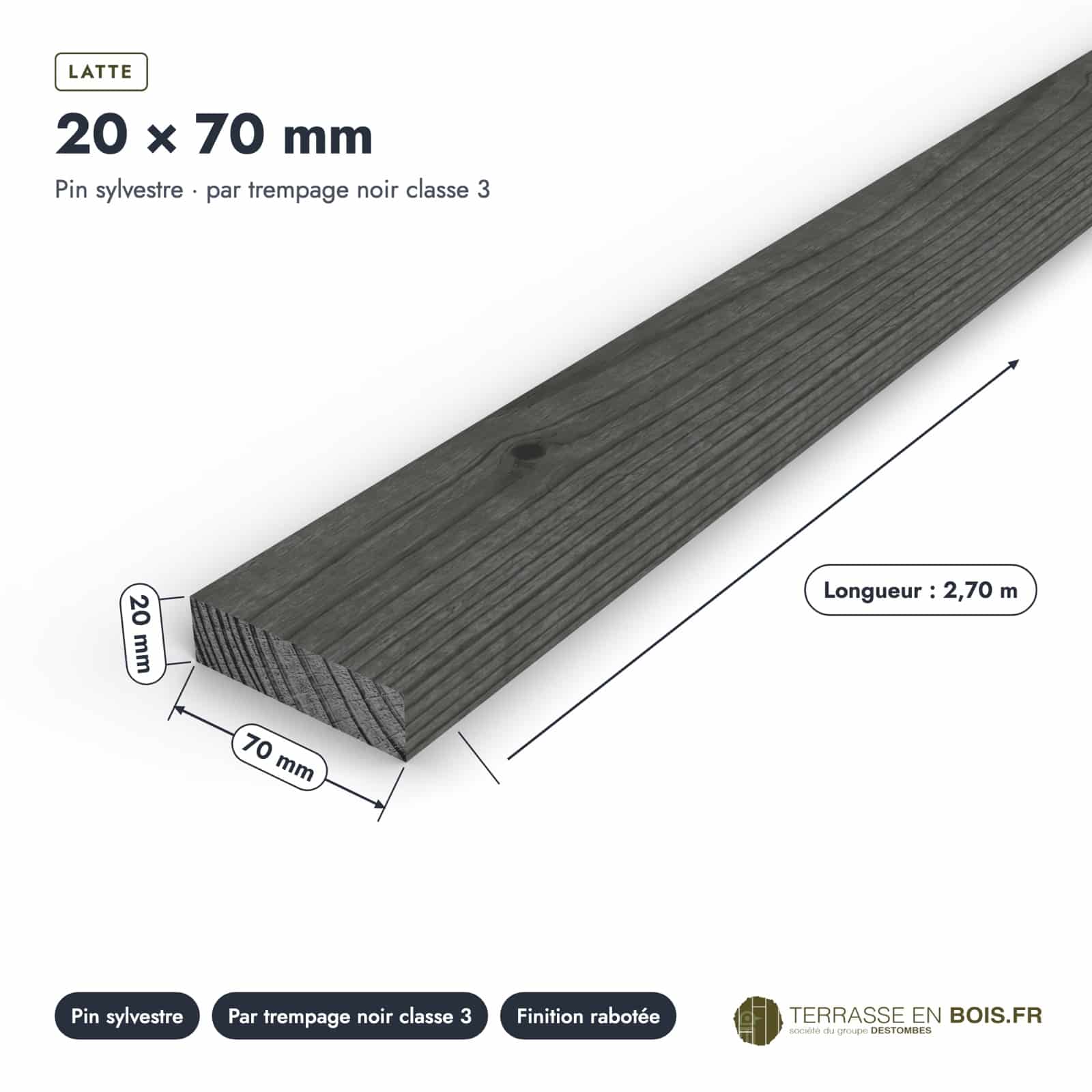 Latte bois 20x70 noire en pin traité par trempage, pour claustra : pièce cotée et longueurs
