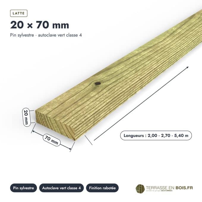Latte bois 20x70 verte en pin sylvestre autoclave, pour habillage : pièce cotée et longueurs