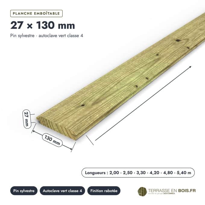 Planche d'habillage 27x130 emboîtable en pin autoclave vert, paroi pleine : pièce cotée et longueurs