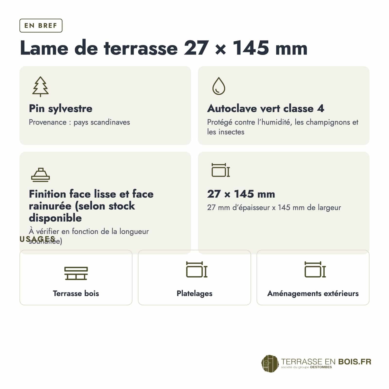 Lame terrasse pin autoclave vert : caractéristiques