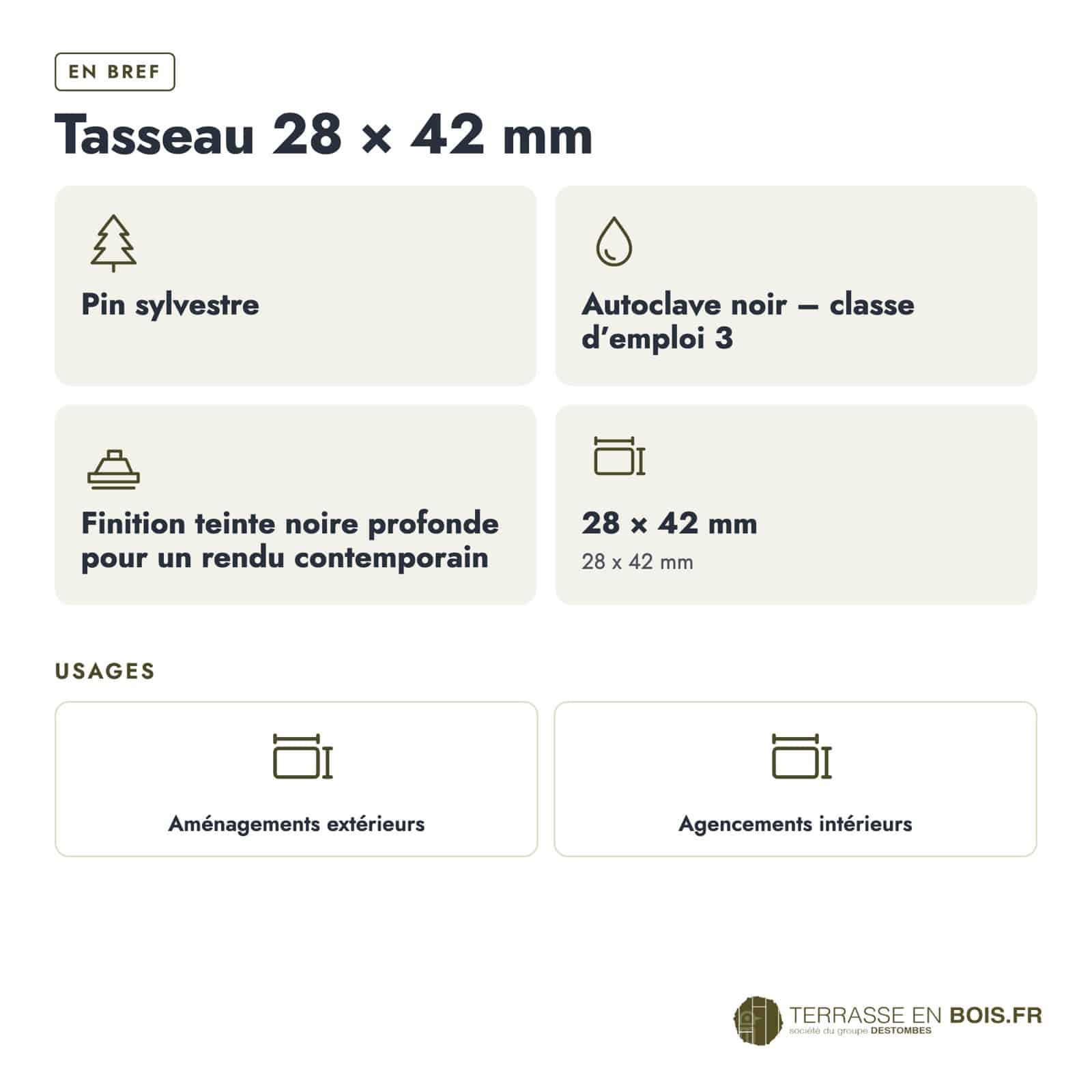Tasseau 28x42 noir en pin sylvestre, teinte profonde et bords droits : caractéristiques