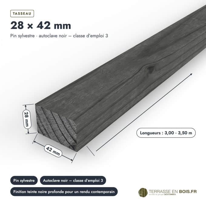 Tasseau 28x42 noir en pin sylvestre, teinte profonde et bords droits : pièce cotée et longueurs