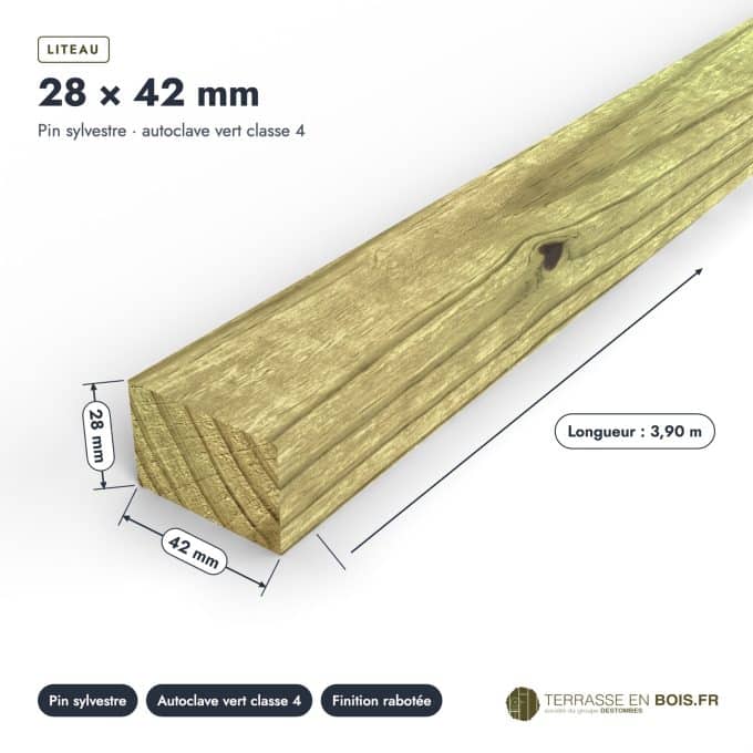 Liteau vert 28x42 en pin sylvestre autoclave, pour lattage et ossature : pièce cotée et longueurs