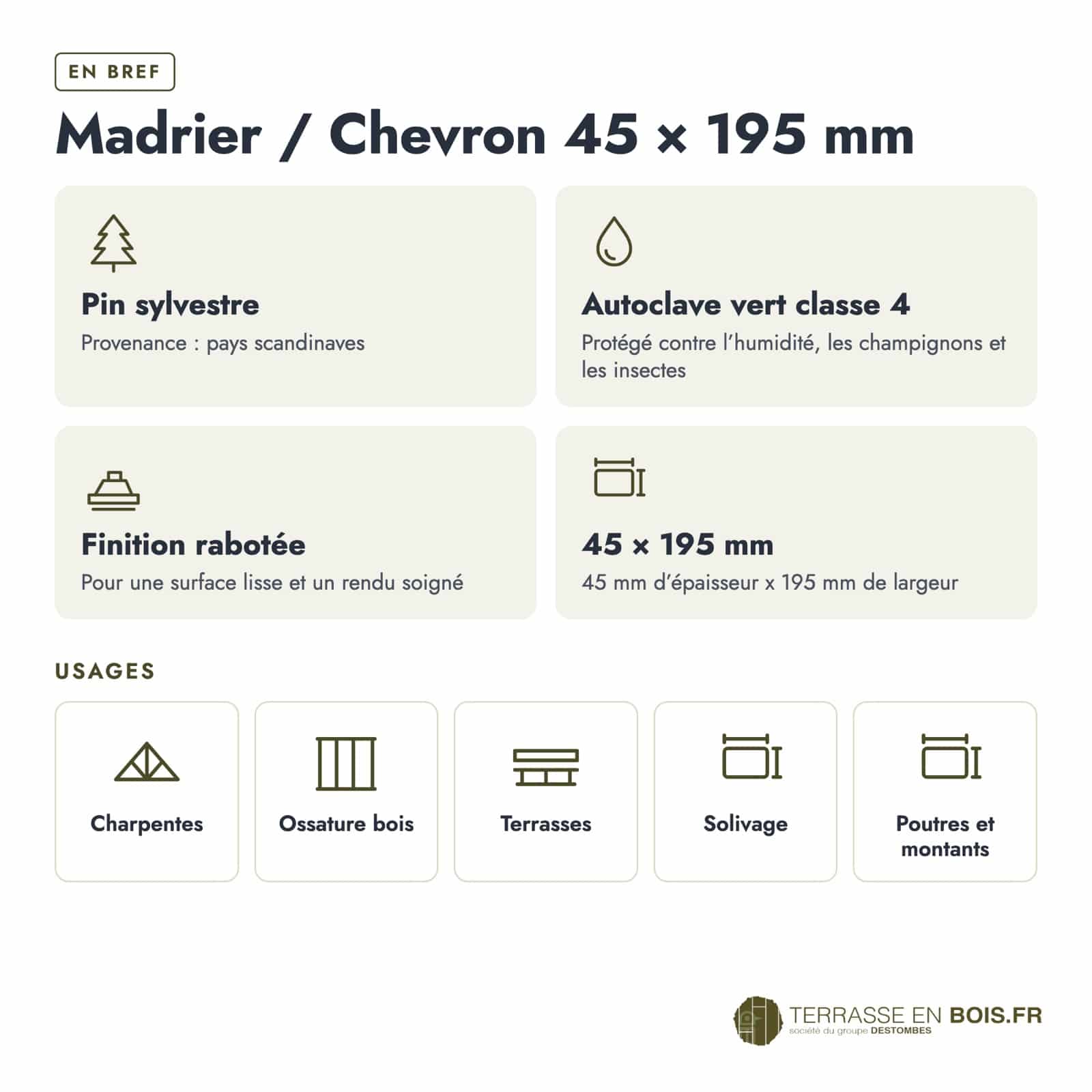 Solive 45x195 en pin autoclave pour terrasse surélevée : caractéristiques