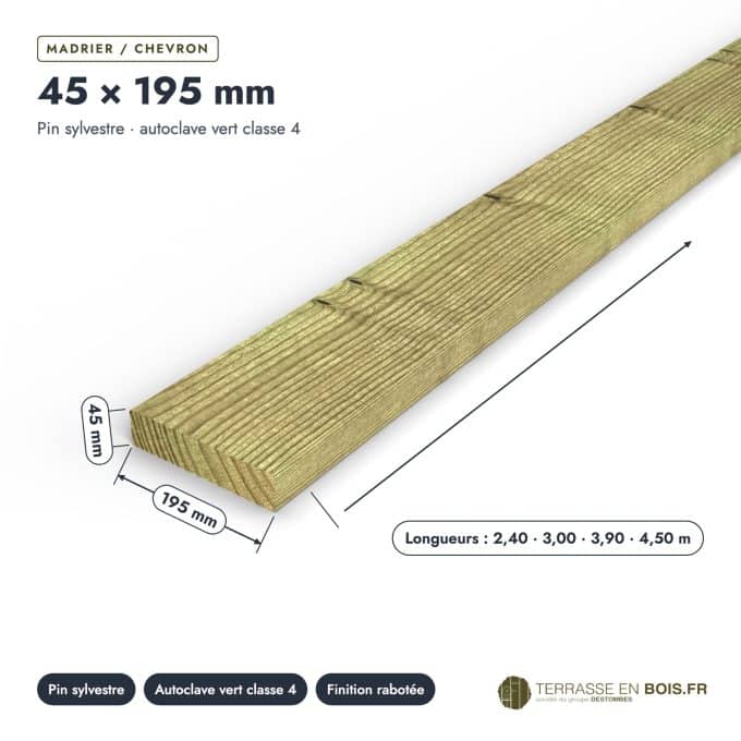 Solive 45x195 en pin autoclave pour terrasse surélevée : pièce cotée et longueurs