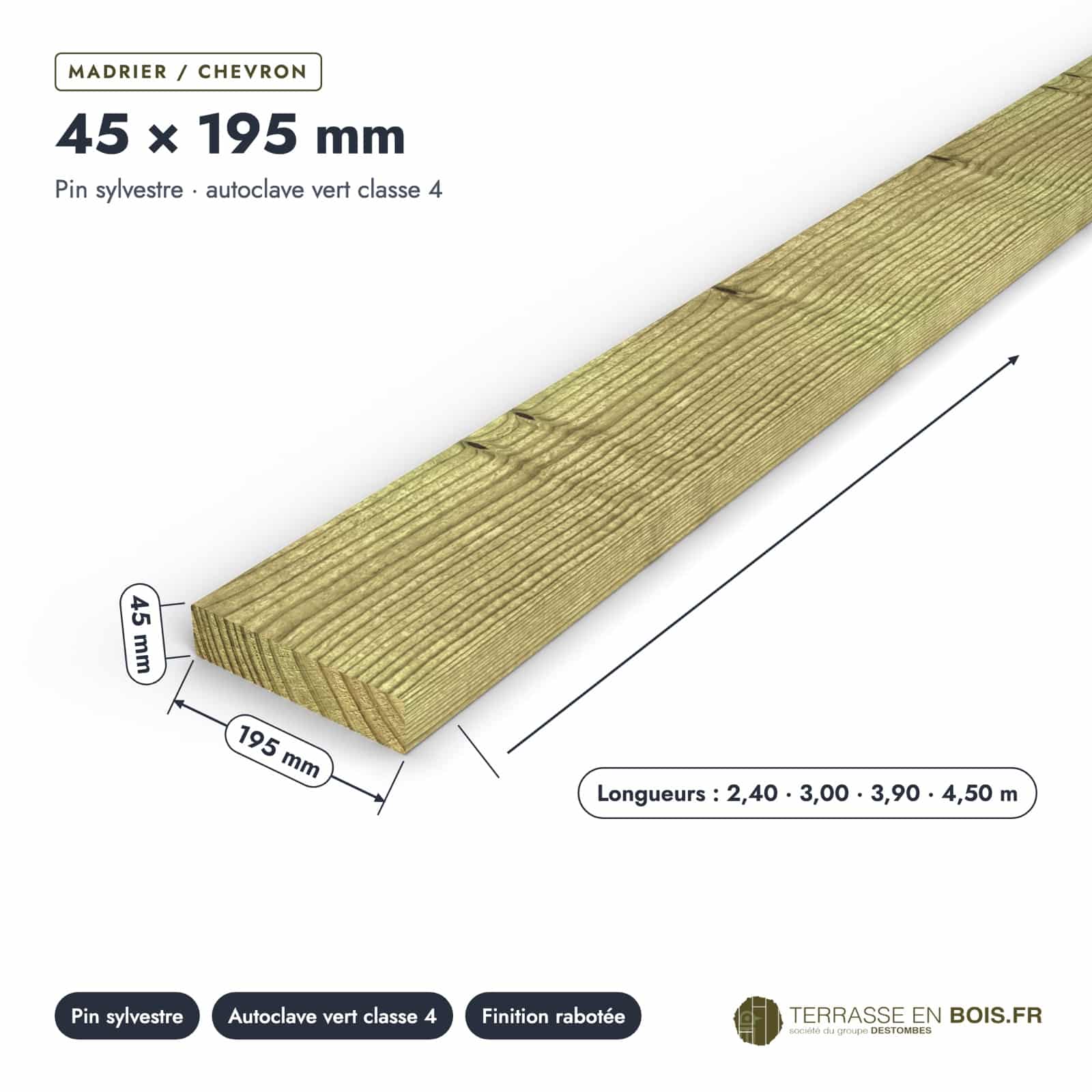 Solive 45x195 en pin autoclave pour terrasse surélevée : pièce cotée et longueurs