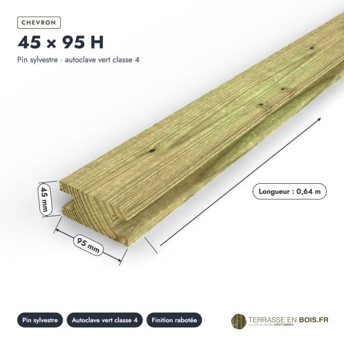 Chevron rainuré 45x95 H en pin autoclave vert, deux rainures pour panneaux : pièce cotée et longueurs