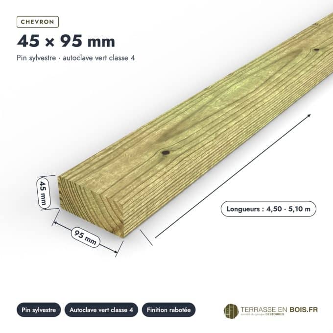 Chevron d'ossature 45x95 en pin autoclave vert pour aménager la terrasse : pièce cotée et longueurs