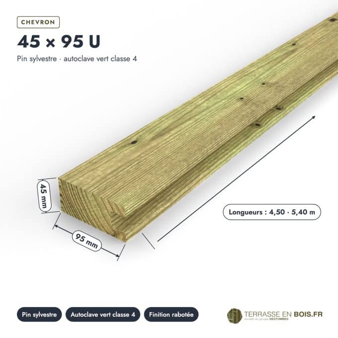 Chevron rainuré 45x95 U en pin autoclave vert, une rainure pour border : pièce cotée et longueurs
