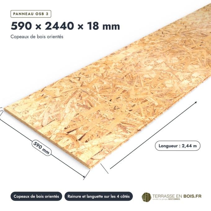 Dalle OSB rainuré 590x2440, OSB 3 de 18 mm emboîté sur les 4 côtés : pièce cotée et longueurs