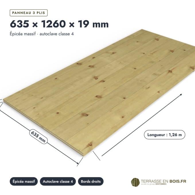Panneau 3 plis autoclave 635x1260 en épicéa, 19 mm, pour coffre ou habillage : pièce cotée et longueurs