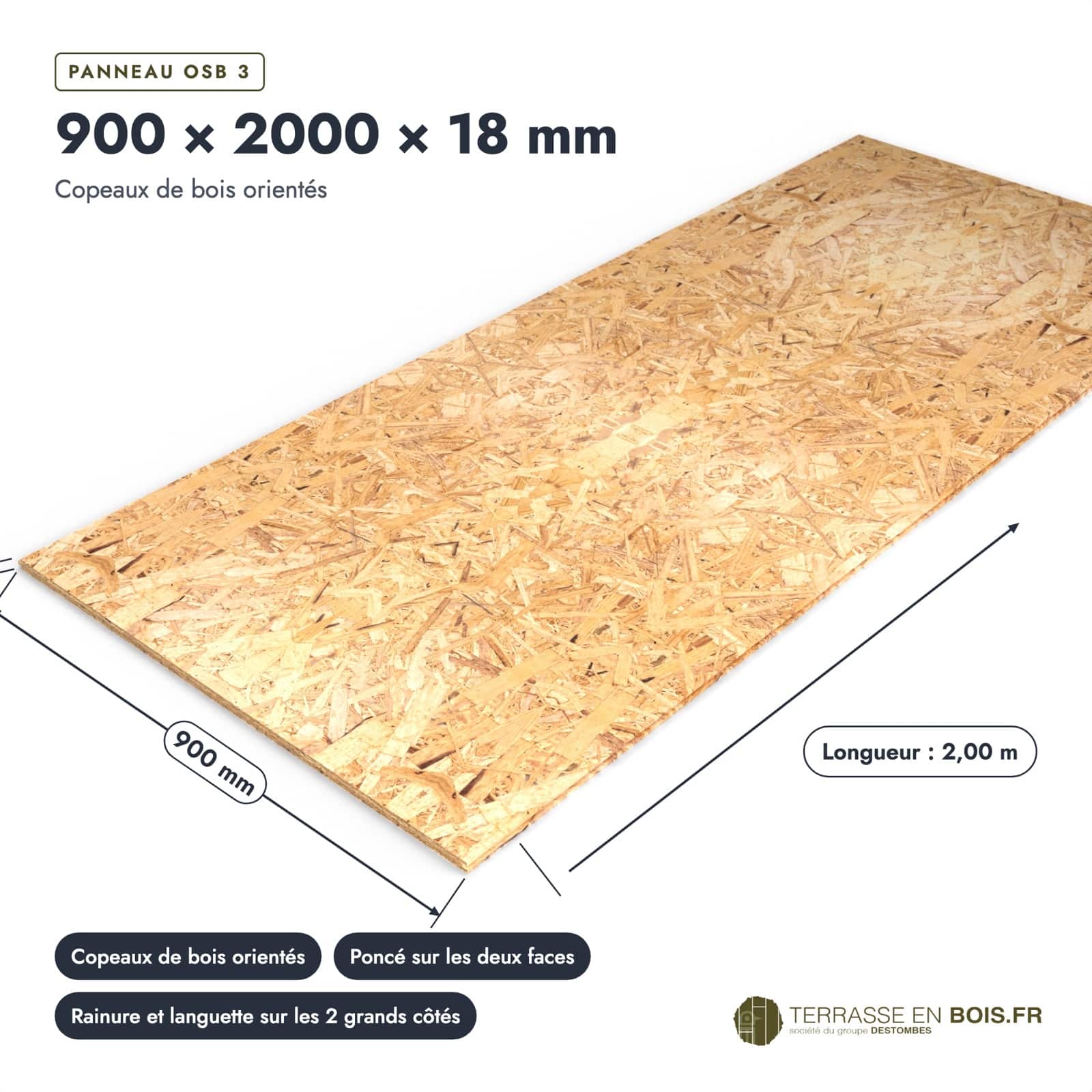 Panneau OSB poncé 900x2000, 18 mm, rainure et languette sur les grands côtés : pièce cotée et longueurs