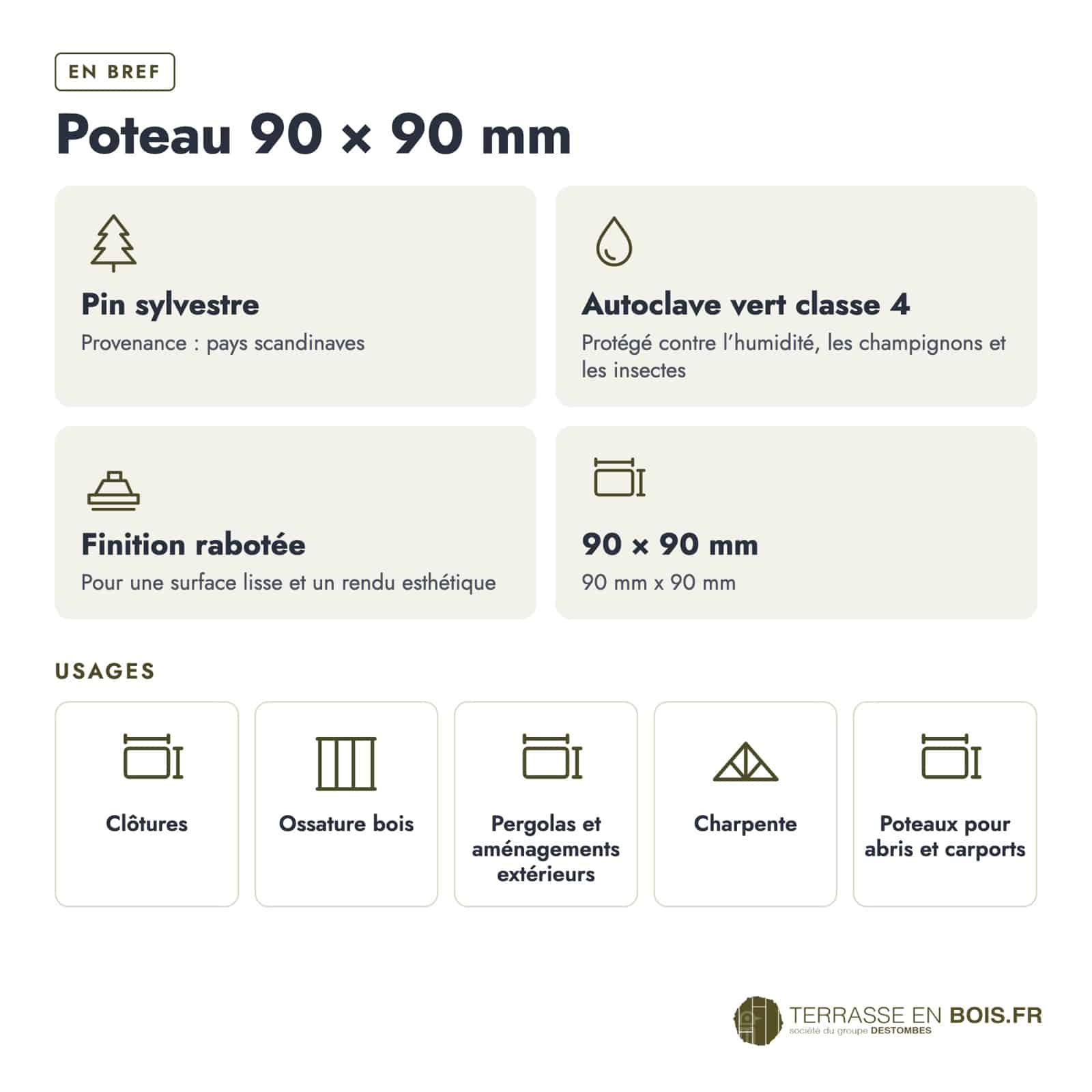 Poteau bois 90x90 en pin autoclave pour terrasse sur pilotis : caractéristiques