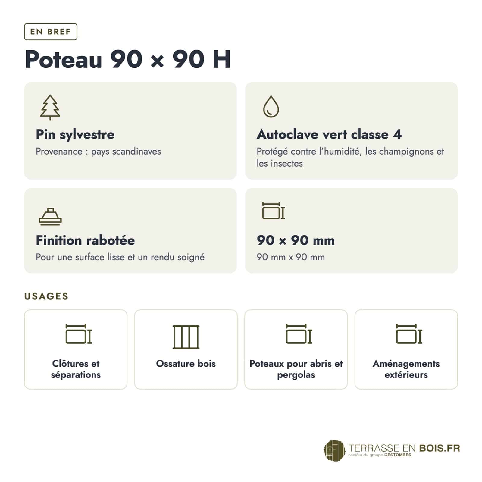 Poteau rainuré 90x90 H en pin autoclave vert pour palissade et brise-vue : caractéristiques