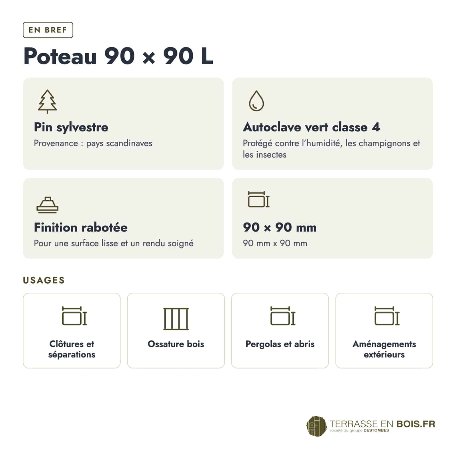 Poteau rainuré 90x90 L en pin autoclave vert pour les angles d'un brise-vue : caractéristiques