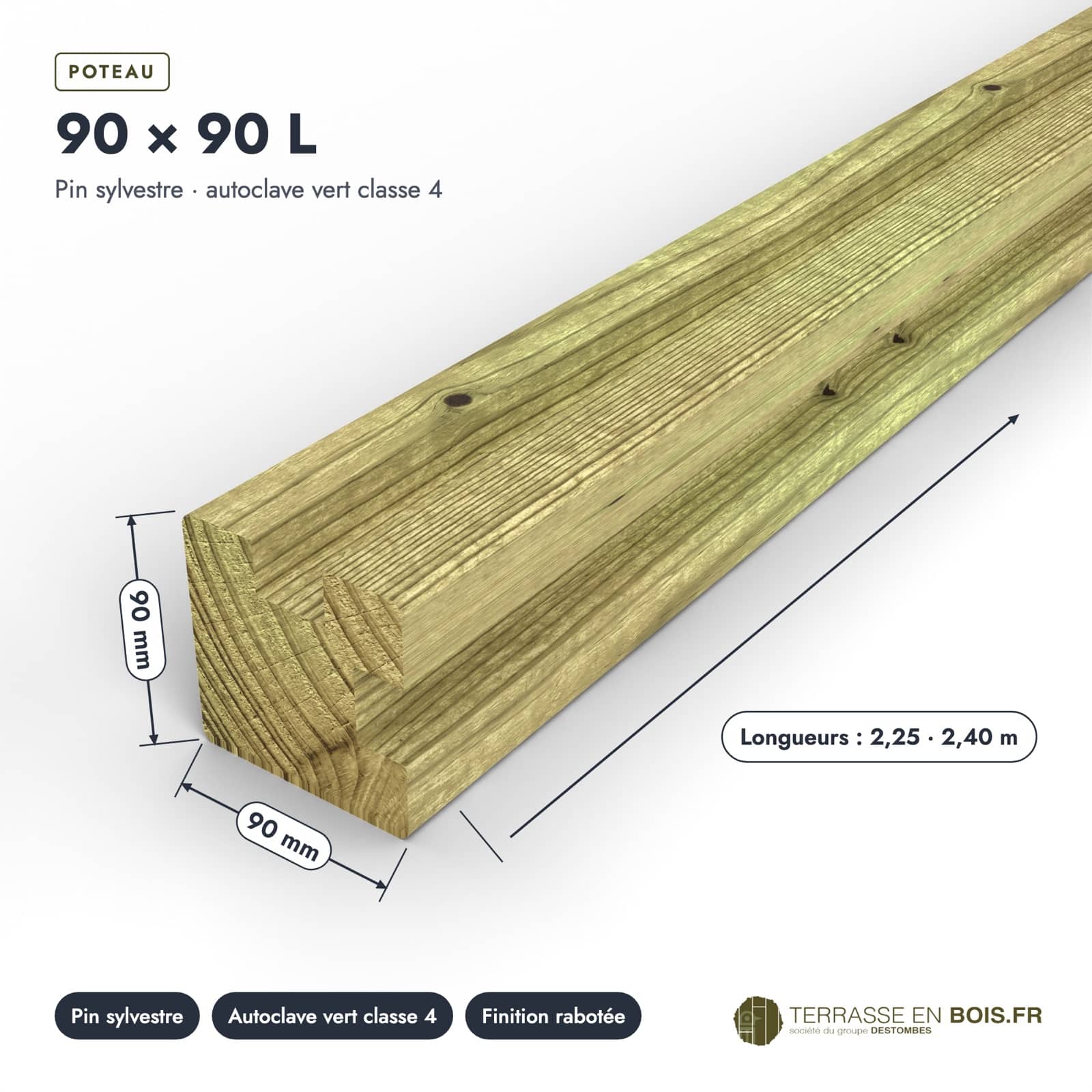 Poteau rainuré 90x90 L en pin autoclave vert pour les angles d'un brise-vue : pièce cotée et longueurs
