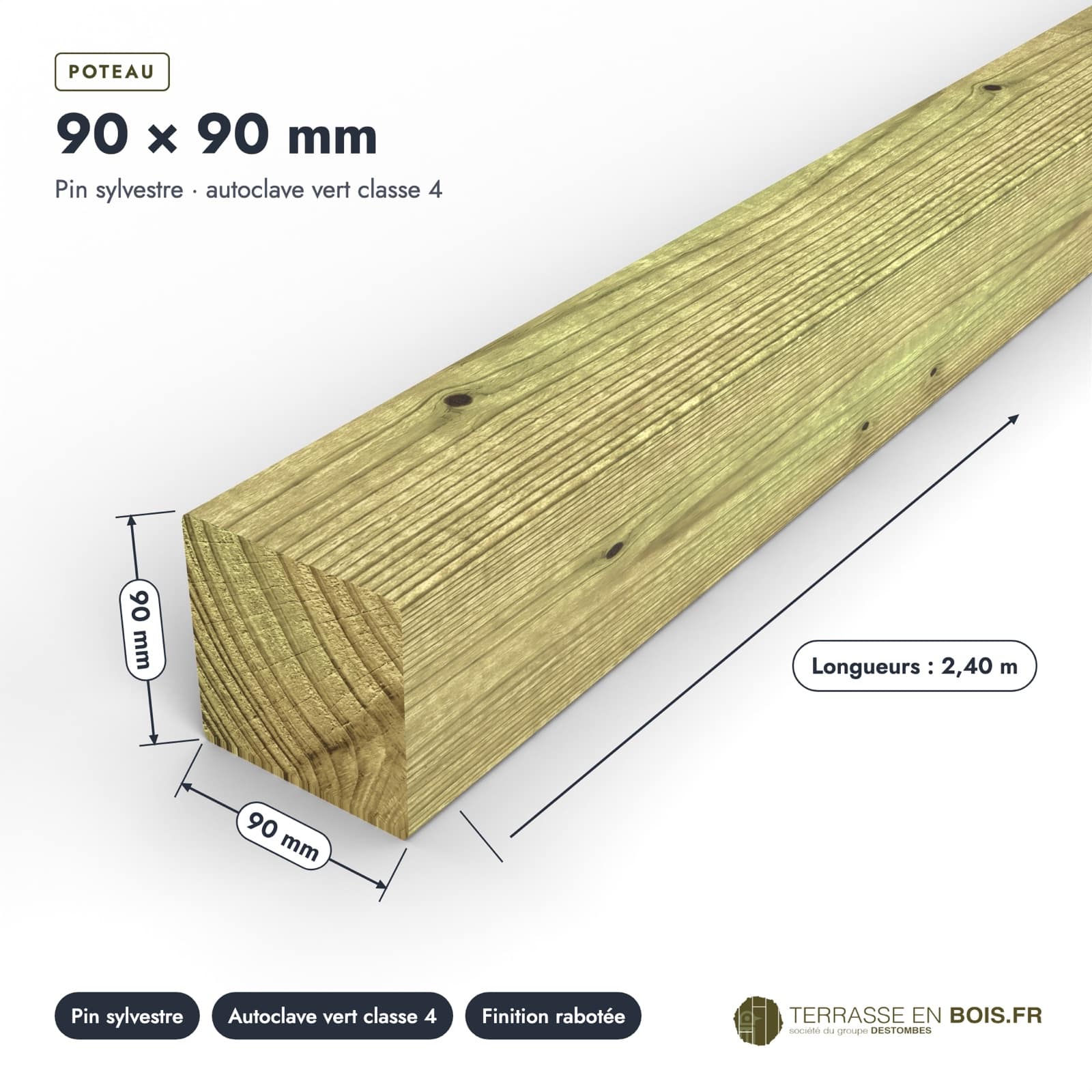 Poteau bois 90x90 en pin autoclave pour terrasse sur pilotis : pièce cotée et longueurs