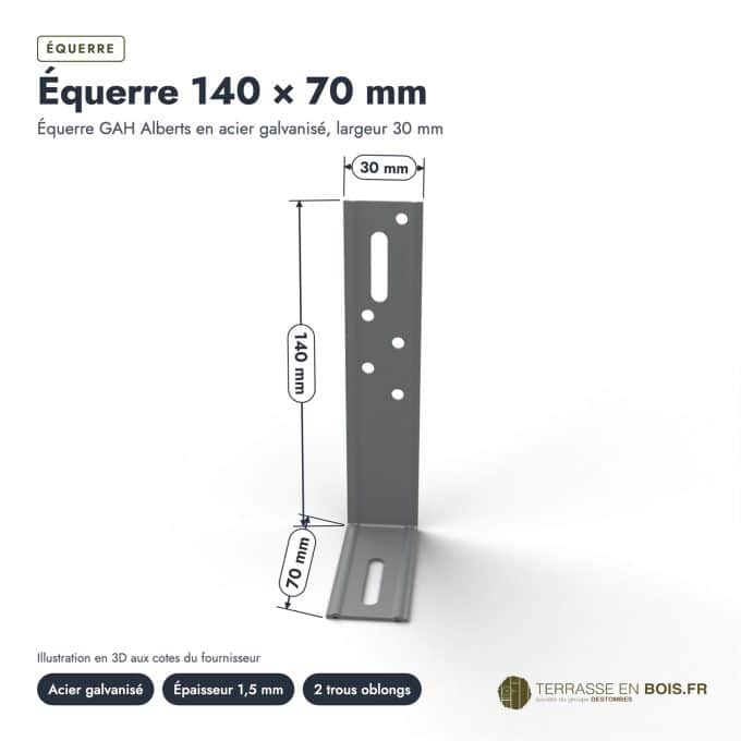 Équerre galvanisée 140x70, largeur 30 mm, acier de 1,5 mm, à l'unité : vue cotée
