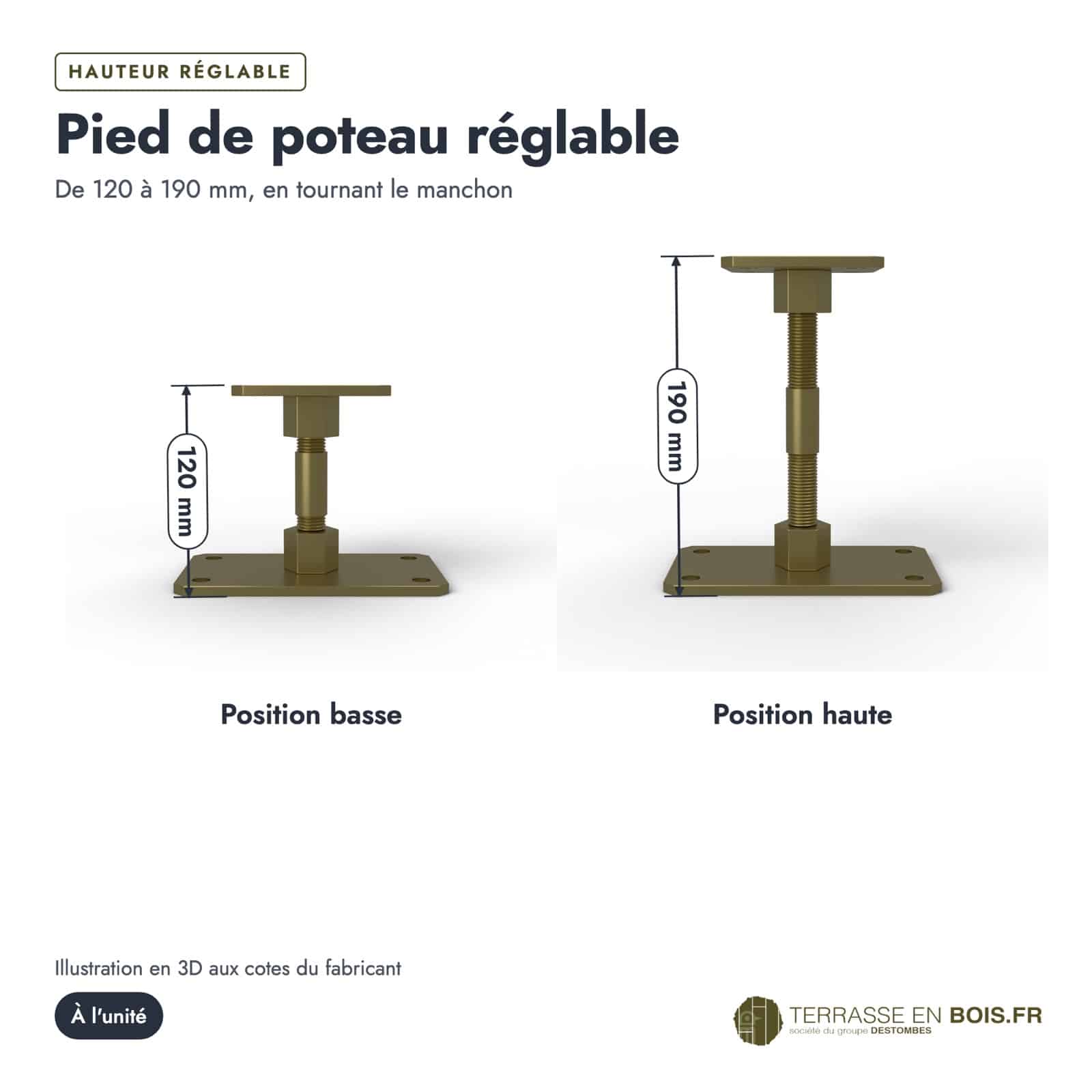 Pied de poteau réglable Brekar pour poteau 90x90, hauteur 120 à 190 mm : boîte ou ensemble