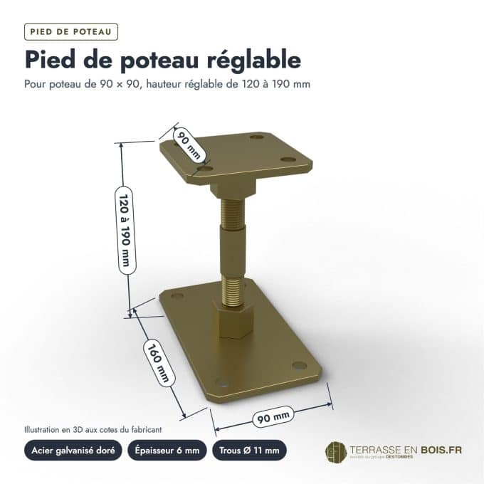 Pied de poteau réglable Brekar pour poteau 90x90, hauteur 120 à 190 mm : vue cotée