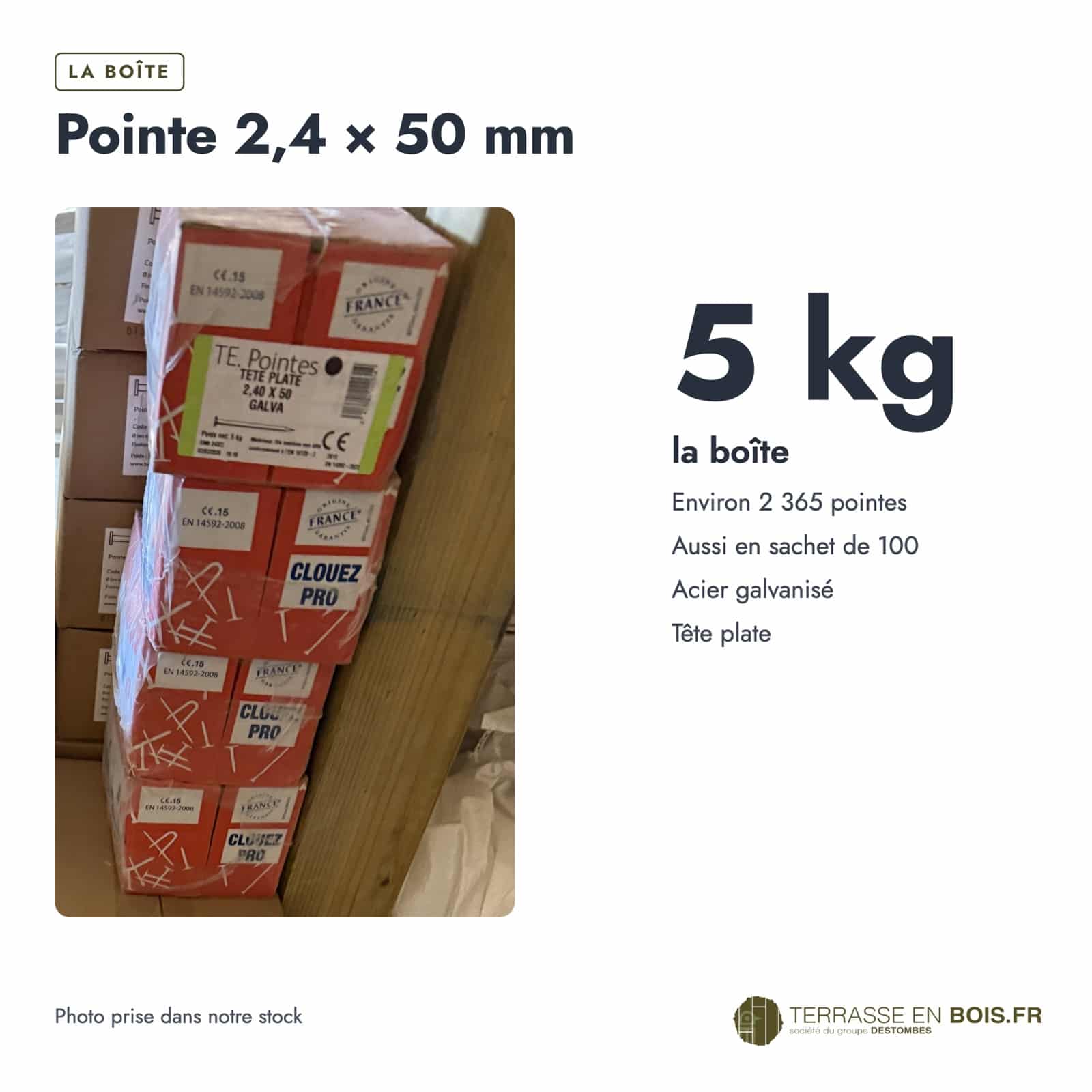 Pointes galva 2,4x50 lisses à tête plate, boîte de 5 kg ou sachet de 100 : boîte ou ensemble