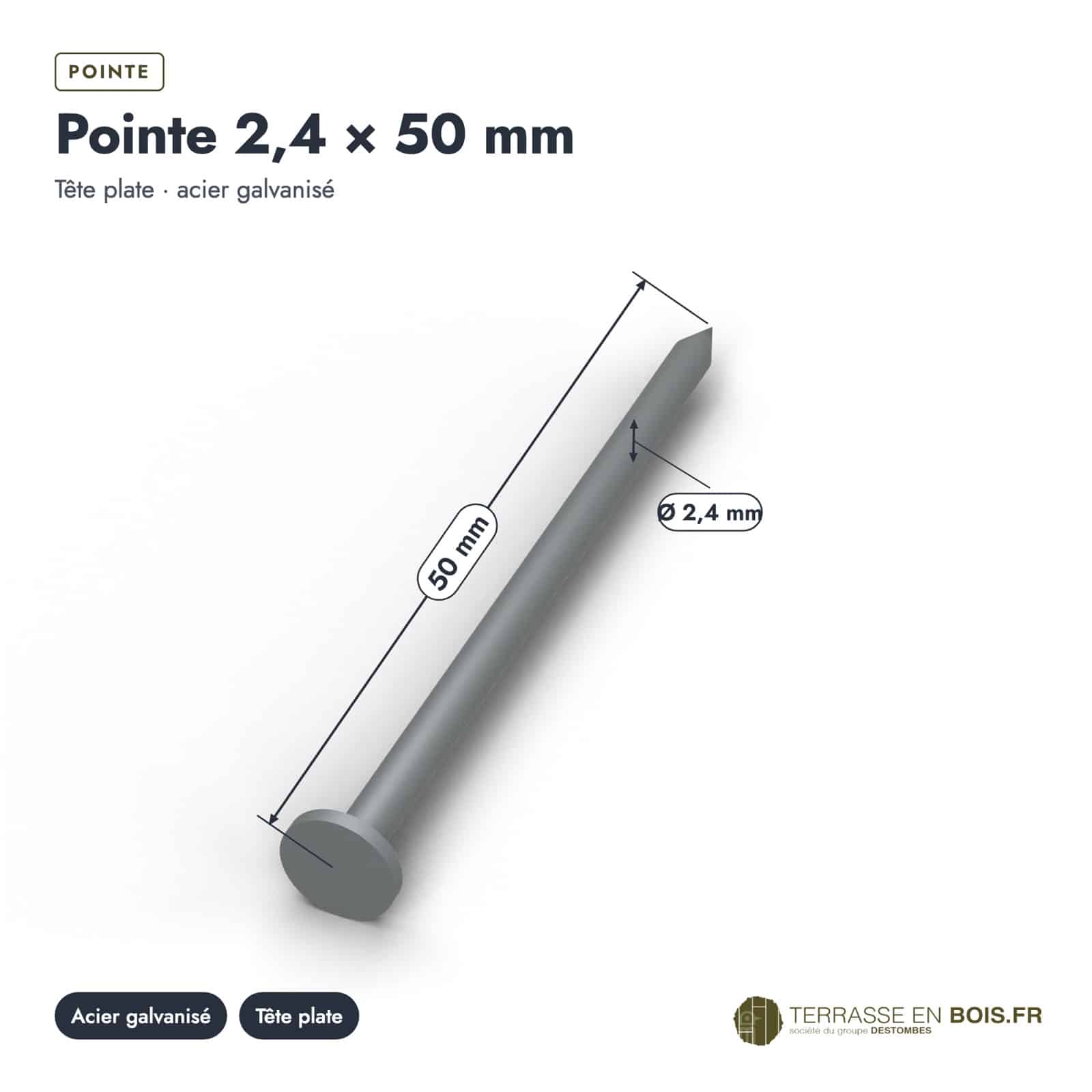 Pointes galva 2,4x50 lisses à tête plate, boîte de 5 kg ou sachet de 100 : cotes de la pièce