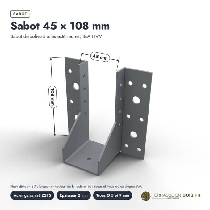Sabot de solive BeA à ailes extérieures, 45x108, 72x154 ou 140x180 : vue cotée
