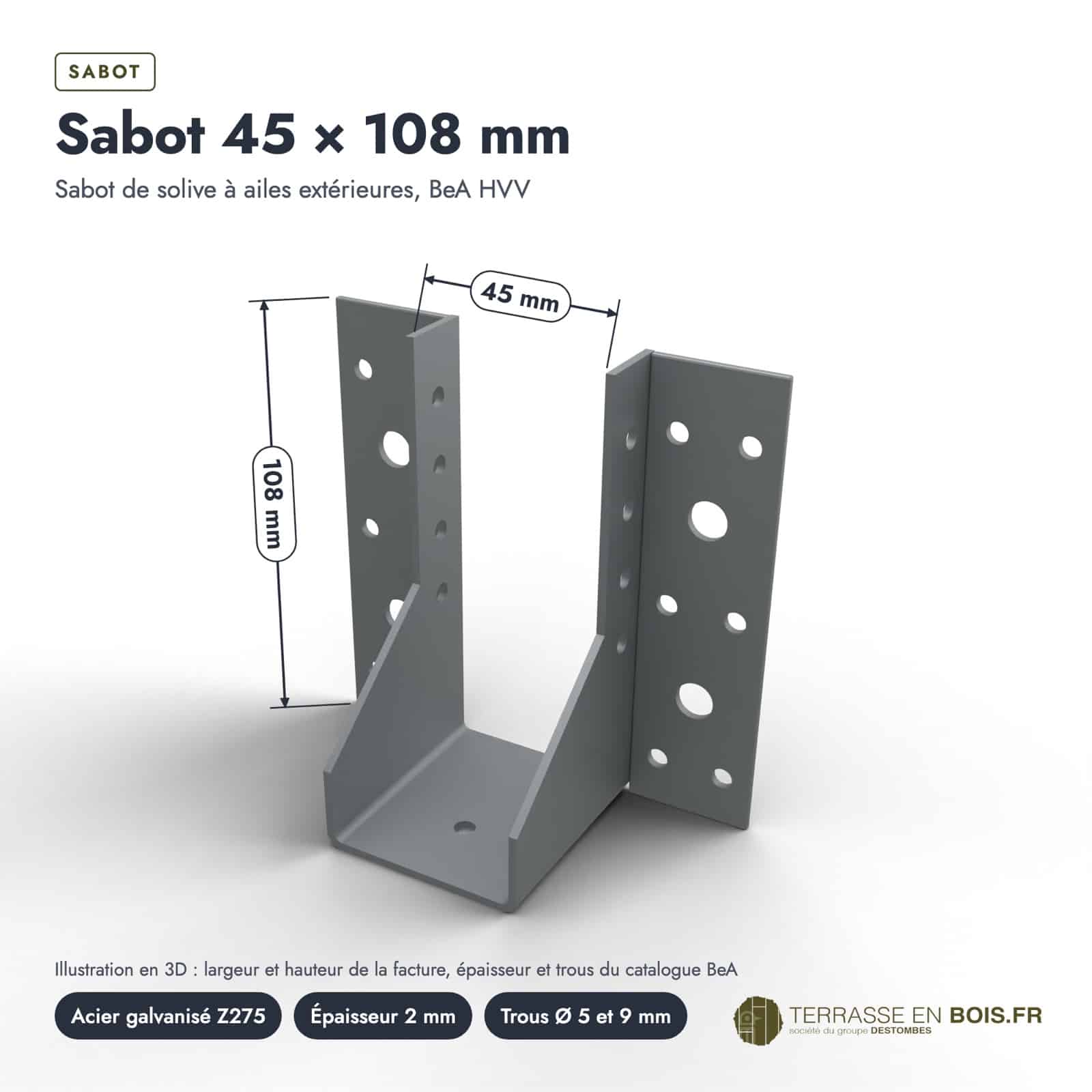 Sabot de solive BeA à ailes extérieures, 45x108, 72x154 ou 140x180 : cotes de la pièce