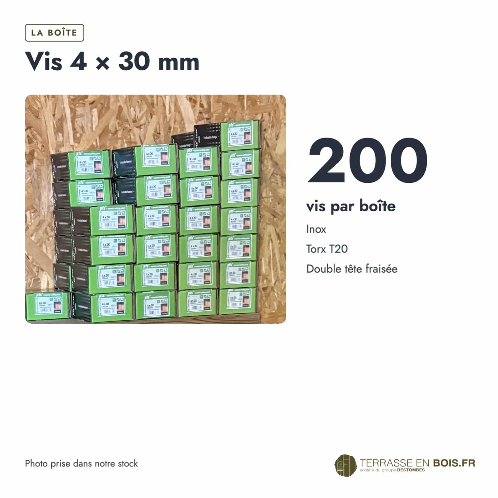 Vis inox A2 Torx à tête fraisée, 4x30, 5x50, 5x70 ou 5x100, boîte de 200 : boîte ou ensemble