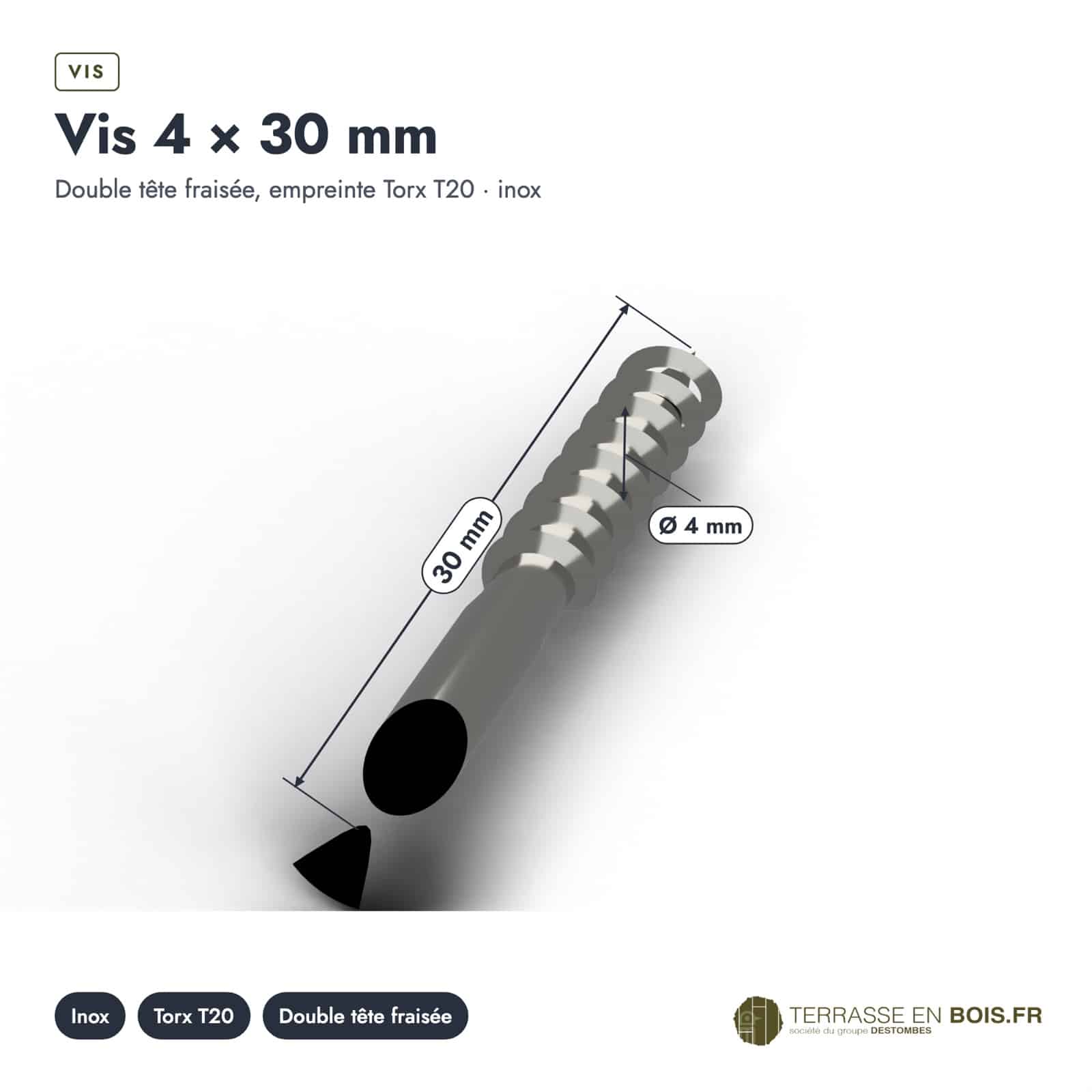 Vis inox A2 Torx à tête fraisée, 4x30, 5x50, 5x70 ou 5x100, boîte de 200 : cotes de la pièce