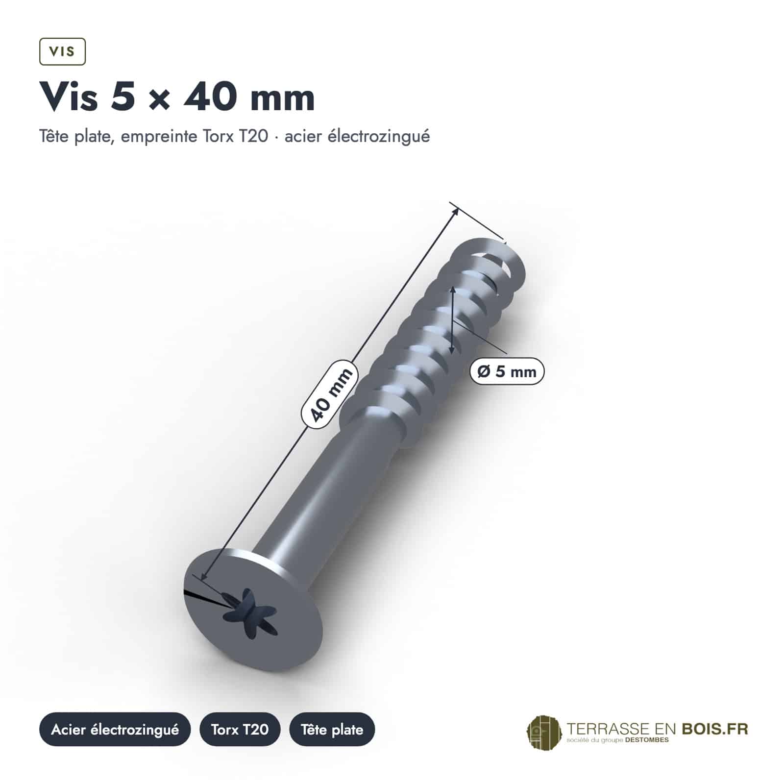 Vis BeFix 5x40 BeA pour sabots et équerres, Torx T20, boîte de 250 : cotes de la pièce