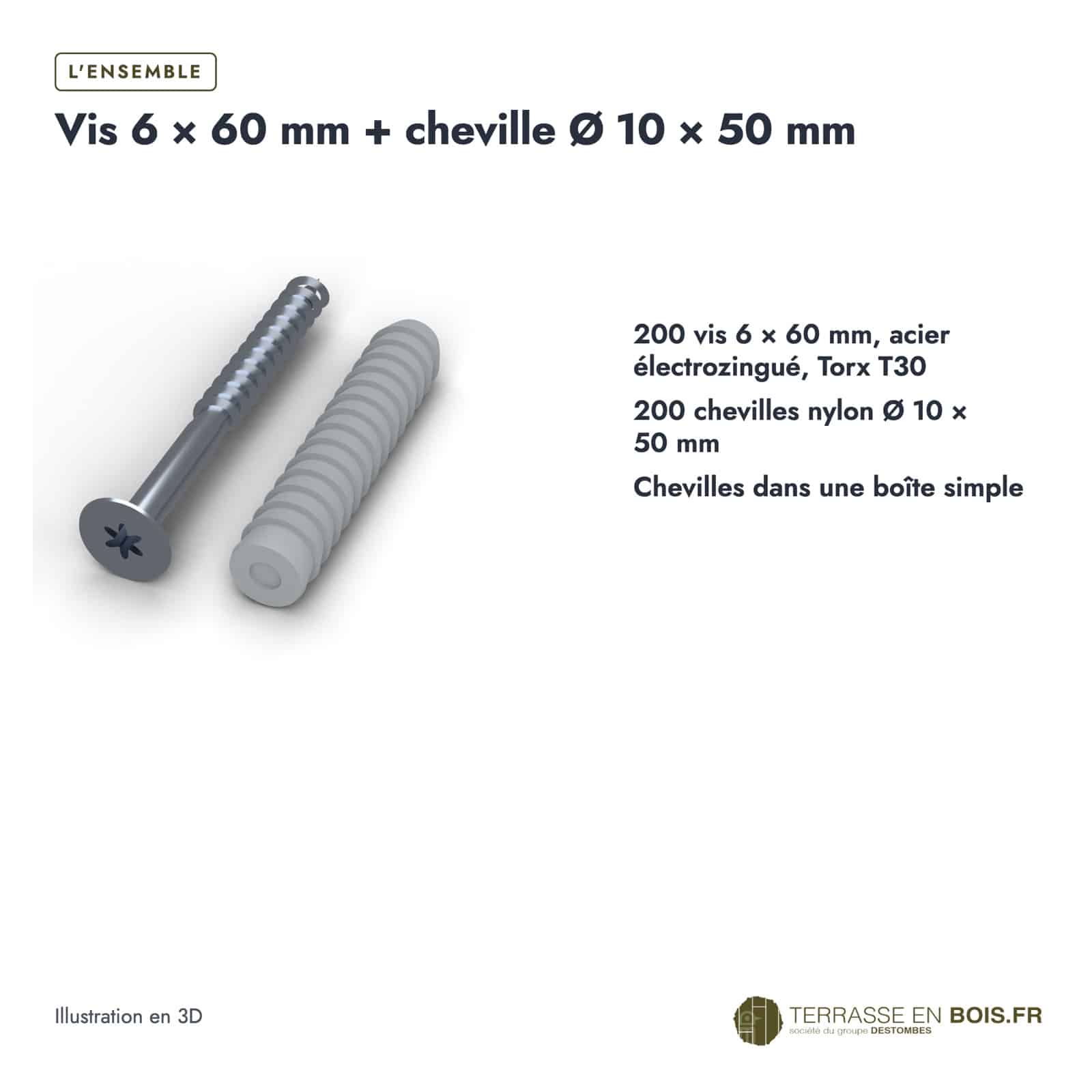 Vis et cheville 6x60 pour fixer au sol, 200 vis zinguées et 200 chevilles : boîte ou ensemble