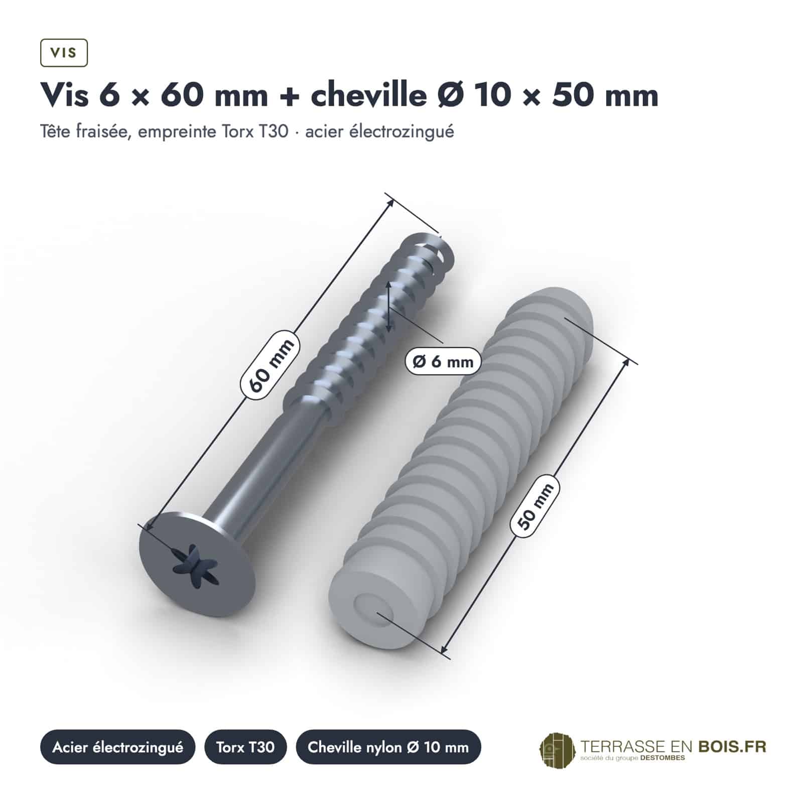 Vis et cheville 6x60 pour fixer au sol, 200 vis zinguées et 200 chevilles : cotes de la pièce