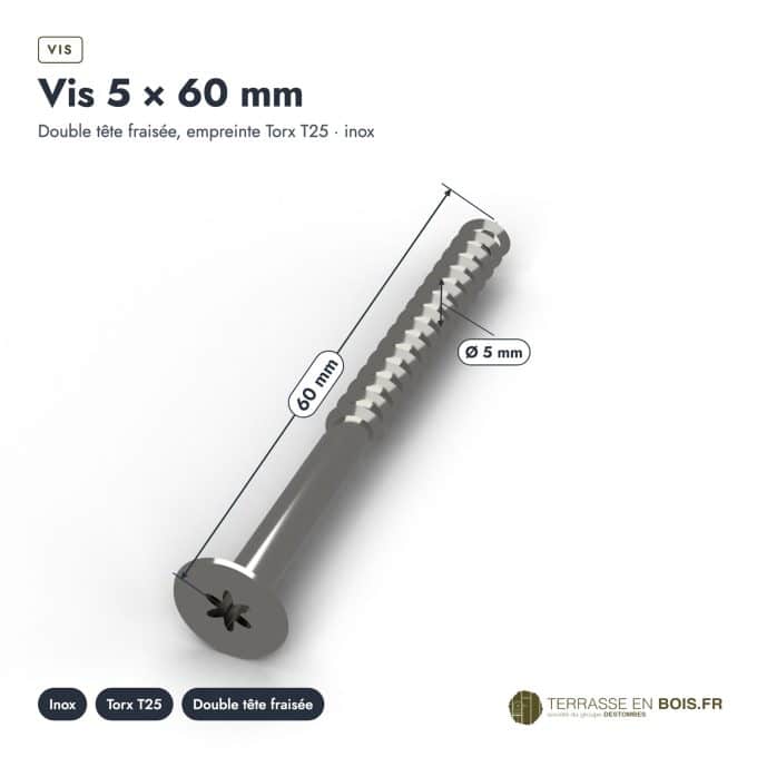 Vis terrasse inox A2 5x60 : vue cotée